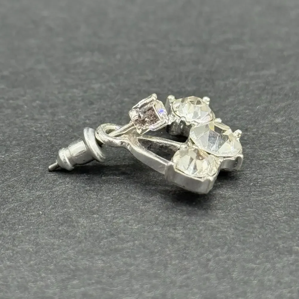 Vintage Silver-Tone Clear Rhinestone Triple Droplet Fan Post Earrings Set